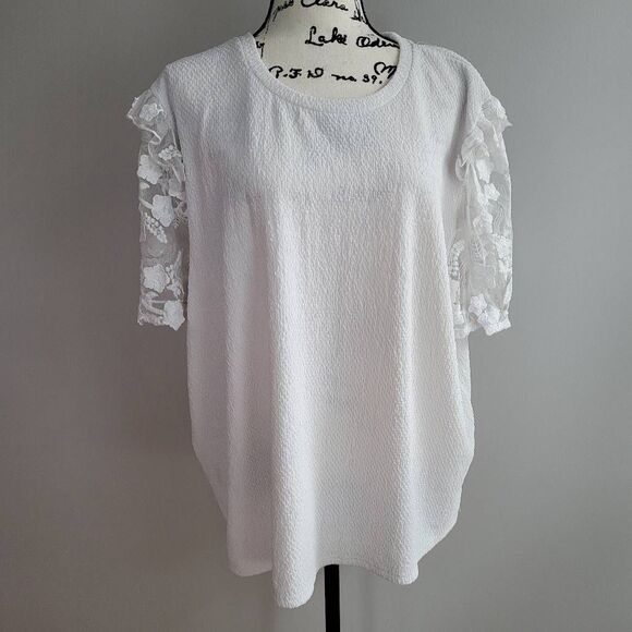 Alice Blue 3X white blouse crinkle textured fabric 3D floral sheer sleeves ruffl - Picture 1 of 11